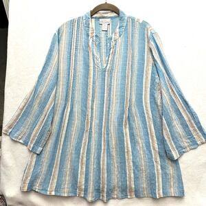 Soft Surroundings XL Pintuck Tunic Top Pleated Roll Tab Blue Stripe Button Front